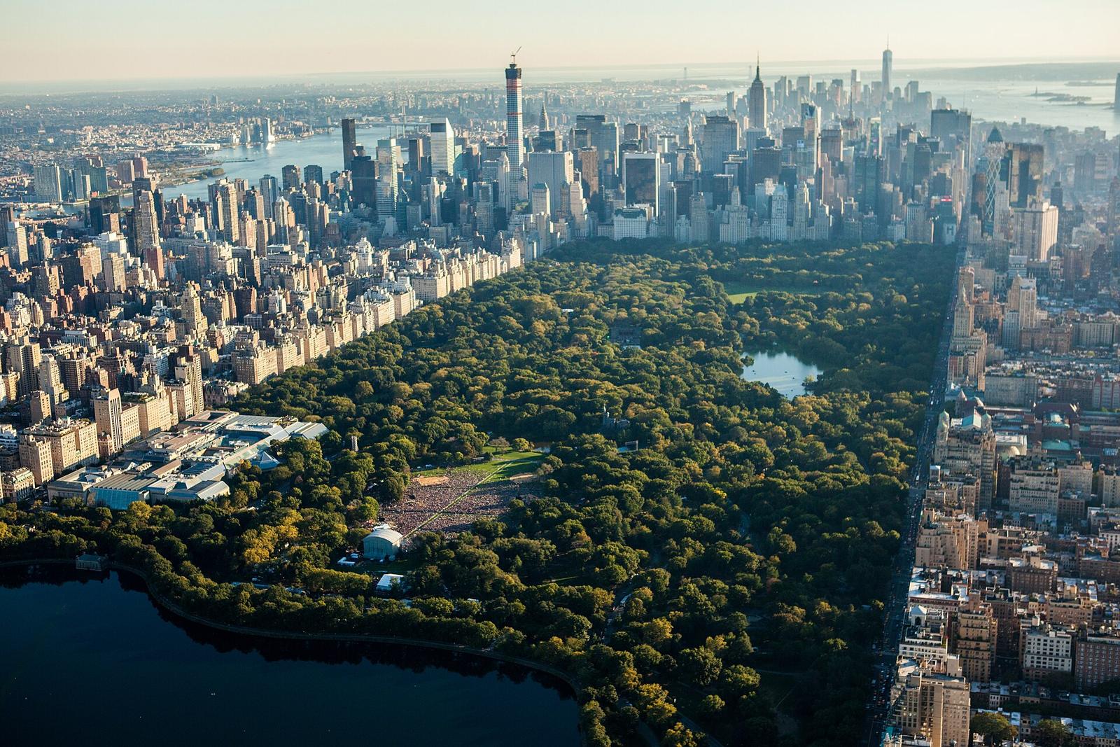 Aerial view of Central Park looking south toward Midtown Manhattan, the Reservoir and Great Lawn below